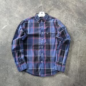 American Eagle Plaid Shirt Mens S Blue Black Long Sleeve Preppy Collared Pocket